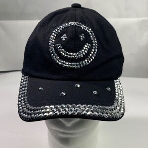 Black Cap with Silver Rhinestone Smiley Face